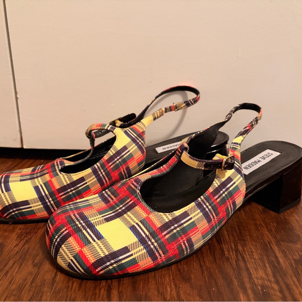 Steve Madden Red and Yellow Plaid Slingback Heels